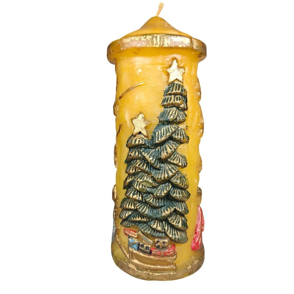 Vintage Hand Carved Christmas Pillar Candle With Embellished Trees & Stars